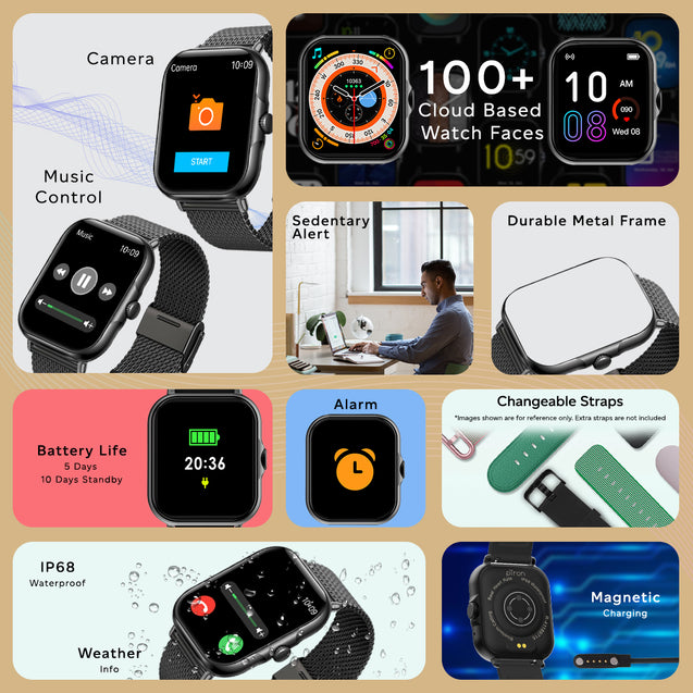 pTron Pulsefit P61+ 1.85" Full Touch Display Bluetooth Calling Smartwatch, Functional Crown, 580 NITS Brightness, Mesh Metal Strap, HR, SpO2, Watch Faces, Inbuilt Games & 5 Days Battery Life (Black)