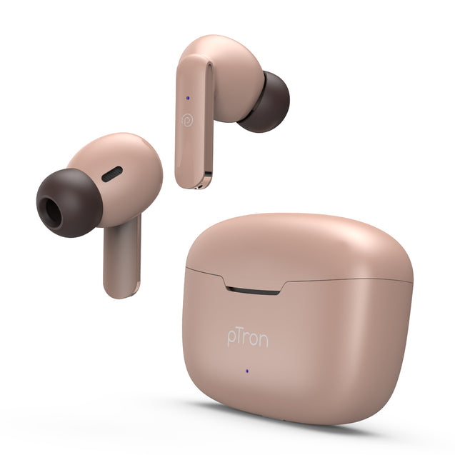 pTron Bassbuds Duo in-Ear Wireless Earbuds with Immersive Sound, 32Hrs Playtime, Clear Calls TWS Earbuds, Bluetooth V5.1 Headphone, Type-C Fast Charging, Voice Assistant &amp; IPX4 Water Resistant (Brown)