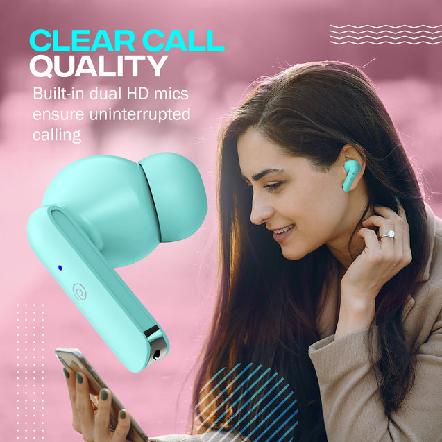 pTron Bassbuds Joy in-Ear Wireless Earbuds, Immersive Sound, 32Hrs Playtime, Clear Calls TWS Earbuds, Bluetooth V5.1 Headphone, Type-C Fast Charging, Voice Assist & IPX4 Water Resistant (Mint Green)