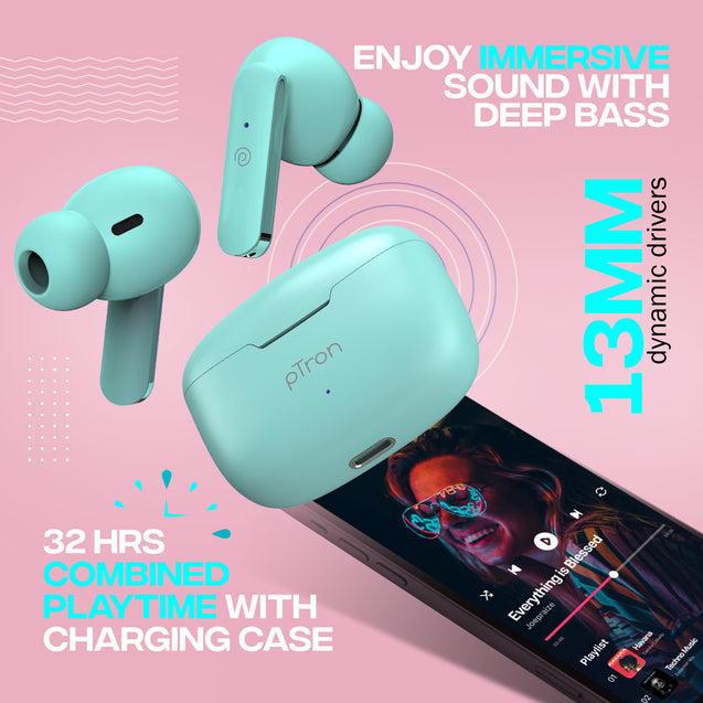 pTron Bassbuds Joy in-Ear Wireless Earbuds, Immersive Sound, 32Hrs Playtime, Clear Calls TWS Earbuds, Bluetooth V5.1 Headphone, Type-C Fast Charging, Voice Assist & IPX4 Water Resistant (Mint Green)