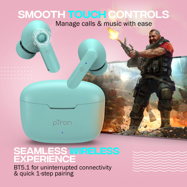 pTron Bassbuds Joy in-Ear Wireless Earbuds, Immersive Sound, 32Hrs Playtime, Clear Calls TWS Earbuds, Bluetooth V5.1 Headphone, Type-C Fast Charging, Voice Assist & IPX4 Water Resistant (Mint Green)