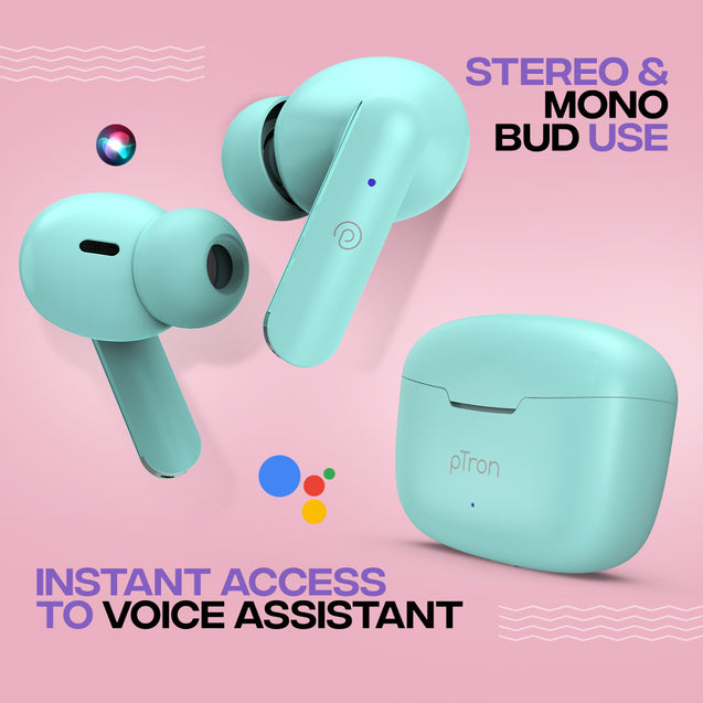 pTron Bassbuds Joy in-Ear Wireless Earbuds, Immersive Sound, 32Hrs Playtime, Clear Calls TWS Earbuds, Bluetooth V5.1 Headphone, Type-C Fast Charging, Voice Assist & IPX4 Water Resistant (Mint Green)