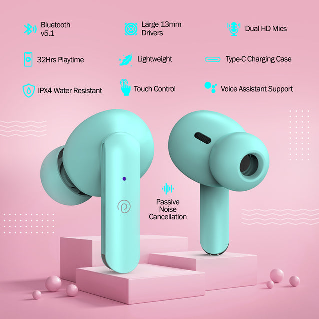 pTron Bassbuds Joy in-Ear Wireless Earbuds, Immersive Sound, 32Hrs Playtime, Clear Calls TWS Earbuds, Bluetooth V5.1 Headphone, Type-C Fast Charging, Voice Assist & IPX4 Water Resistant (Mint Green)