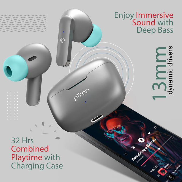 pTron Bassbuds Duo in-Ear Wireless Earbuds, Immersive Sound, 32Hrs Playtime, Clear Calls TWS Earbuds, Bluetooth V5.1 Headphones, Type-C Fast Charging, Voice Assistant &amp; IPX4 Water Resistant (Grey)