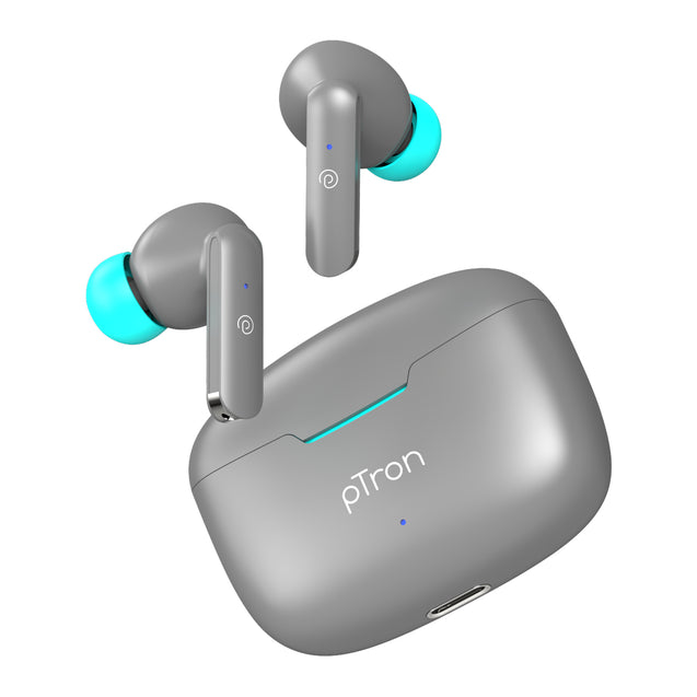 pTron Bassbuds Duo in-Ear Wireless Earbuds, Immersive Sound, 32Hrs Playtime, Clear Calls TWS Earbuds, Bluetooth V5.1 Headphones, Type-C Fast Charging, Voice Assistant &amp; IPX4 Water Resistant (Grey)