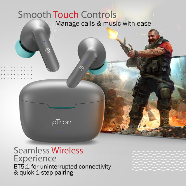 pTron Bassbuds Duo in-Ear Wireless Earbuds, Immersive Sound, 32Hrs Playtime, Clear Calls TWS Earbuds, Bluetooth V5.1 Headphones, Type-C Fast Charging, Voice Assistant &amp; IPX4 Water Resistant (Grey)