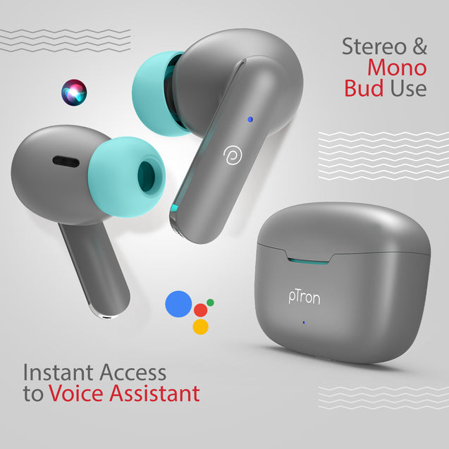 pTron Bassbuds Duo in-Ear Wireless Earbuds, Immersive Sound, 32Hrs Playtime, Clear Calls TWS Earbuds, Bluetooth V5.1 Headphones, Type-C Fast Charging, Voice Assistant &amp; IPX4 Water Resistant (Grey)