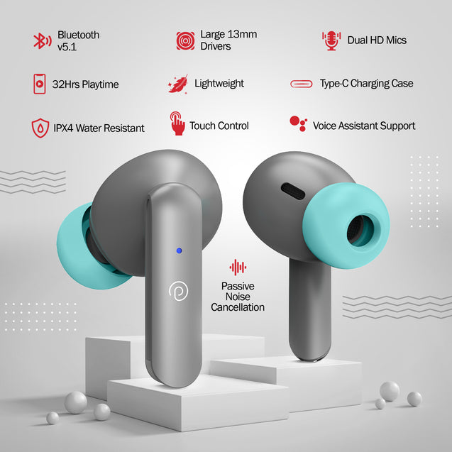 pTron Bassbuds Duo in-Ear Wireless Earbuds, Immersive Sound, 32Hrs Playtime, Clear Calls TWS Earbuds, Bluetooth V5.1 Headphones, Type-C Fast Charging, Voice Assistant &amp; IPX4 Water Resistant (Grey)