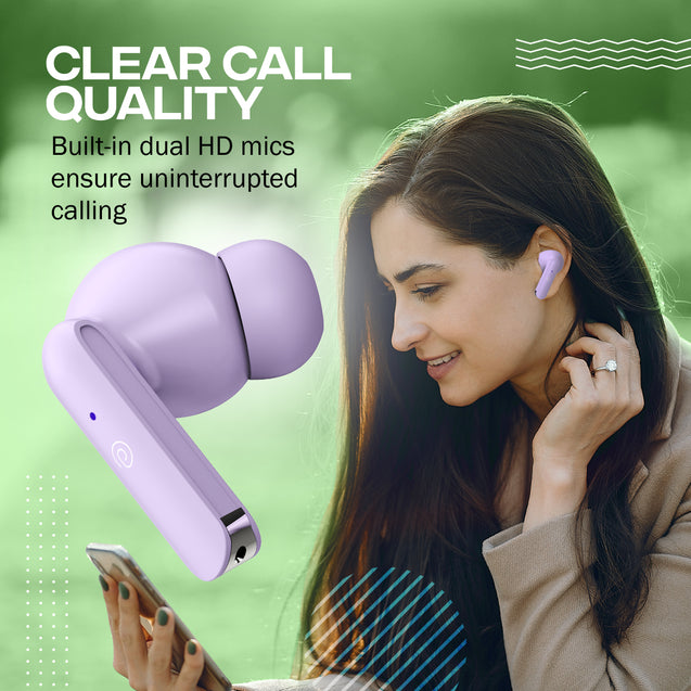 pTron Bassbuds Joy in-Ear Wireless Earbuds, Immersive Sound, 32Hrs Playtime, Clear Calls TWS Earbuds, Bluetooth V5.1 Headphone, Type-C Fast Charging, Voice Assist & IPX4 Water Resistant (Light Lilac)
