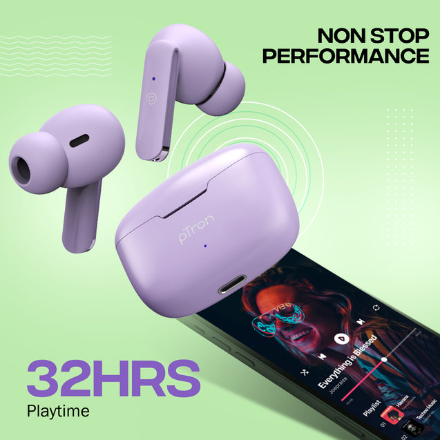 pTron Bassbuds Joy in-Ear Wireless Earbuds, Immersive Sound, 32Hrs Playtime, Clear Calls TWS Earbuds, Bluetooth V5.1 Headphone, Type-C Fast Charging, Voice Assist & IPX4 Water Resistant (Light Lilac)
