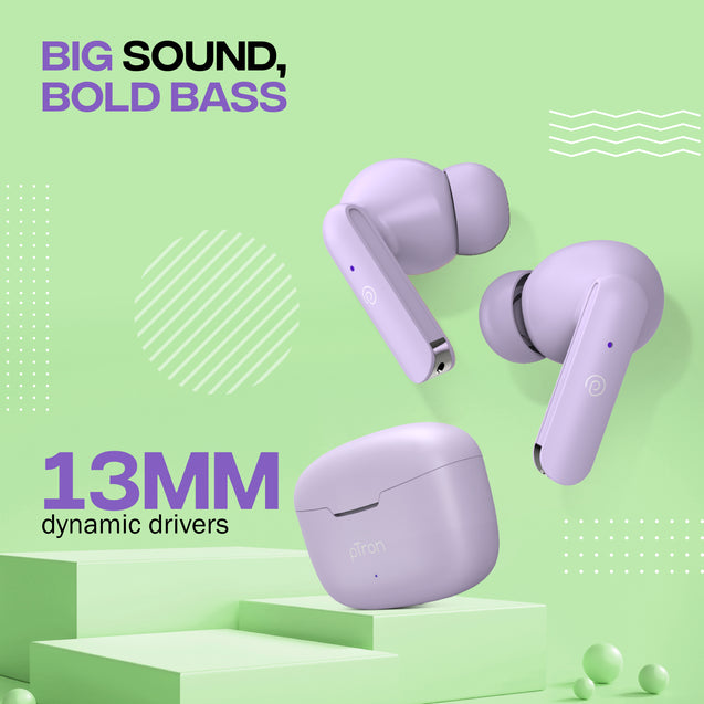 pTron Bassbuds Joy in-Ear Wireless Earbuds, Immersive Sound, 32Hrs Playtime, Clear Calls TWS Earbuds, Bluetooth V5.1 Headphone, Type-C Fast Charging, Voice Assist & IPX4 Water Resistant (Light Lilac)