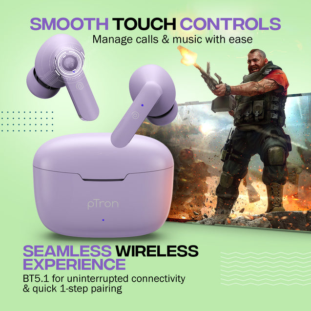 pTron Bassbuds Joy in-Ear Wireless Earbuds, Immersive Sound, 32Hrs Playtime, Clear Calls TWS Earbuds, Bluetooth V5.1 Headphone, Type-C Fast Charging, Voice Assist & IPX4 Water Resistant (Light Lilac)