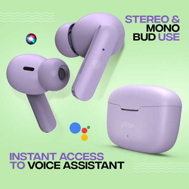 pTron Bassbuds Joy in-Ear Wireless Earbuds, Immersive Sound, 32Hrs Playtime, Clear Calls TWS Earbuds, Bluetooth V5.1 Headphone, Type-C Fast Charging, Voice Assist & IPX4 Water Resistant (Light Lilac)