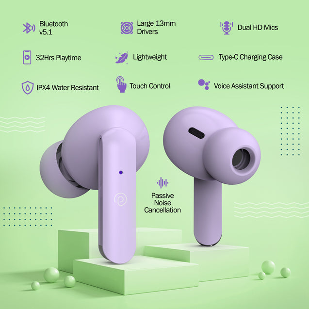 pTron Bassbuds Joy in-Ear Wireless Earbuds, Immersive Sound, 32Hrs Playtime, Clear Calls TWS Earbuds, Bluetooth V5.1 Headphone, Type-C Fast Charging, Voice Assist & IPX4 Water Resistant (Light Lilac)
