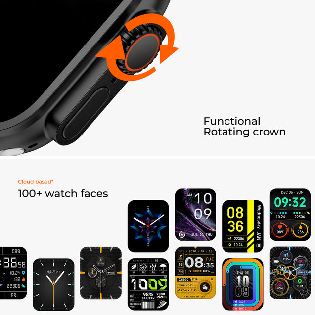 pTron Reflect Pro Plus Smartwatch, Bluetooth Calling, 2.01" Full Touch Display, Full Metal Body, 600 NITS, Digital Crown,100+ Watch Faces,HR,SpO2,Voice Assist, 5 Days Battery Life (Black)