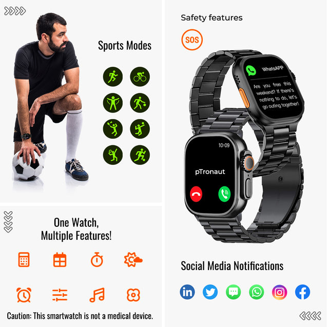 pTron Reflect Pro Plus Smartwatch, Bluetooth Calling, 2.01" Full Touch Display, Full Metal Body, 600 NITS, Digital Crown,100+ Watch Faces,HR,SpO2,Voice Assist, 5 Days Battery Life (Black)