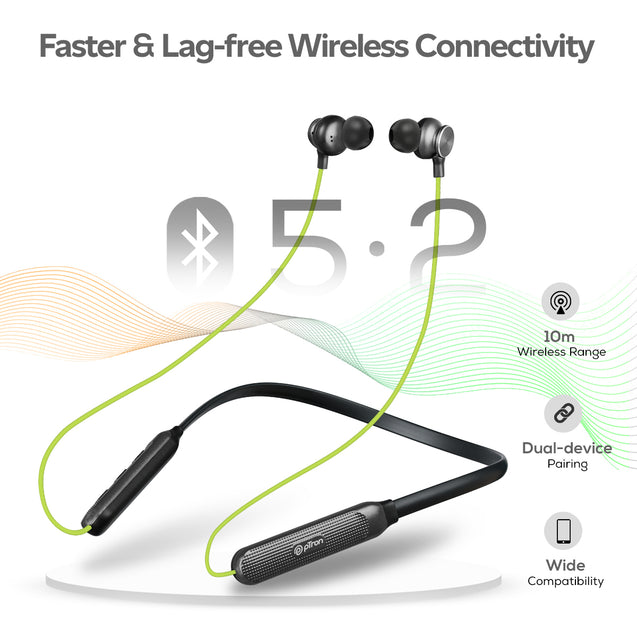 pTron Tangent Duo Bluetooth 5.2 Wireless in-Ear Earphones with Mic,Magnetic Earbuds (Green/Black)