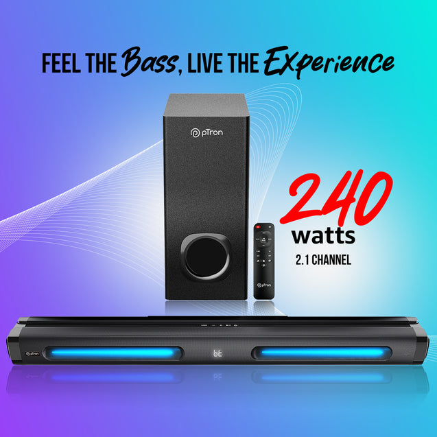 pTron Jazz Pro X1 240W Soundbar with Wired Subwoofer for TV, Punchy Bass, 2.1 CH, Multi-Connect BT5.3/HDMI ARC/Opt-in/Aux/USB, Movie/Music/News Modes, Remote Control, LED Display (Black)