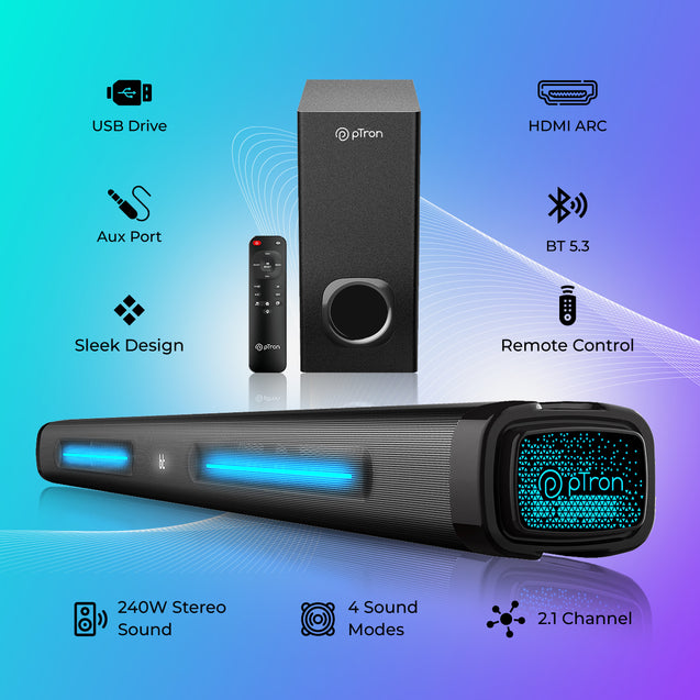 pTron Jazz Pro X1 240W Soundbar with Wired Subwoofer for TV, Punchy Bass, 2.1 CH, Multi-Connect BT5.3/HDMI ARC/Opt-in/Aux/USB, Movie/Music/News Modes, Remote Control, LED Display (Black)