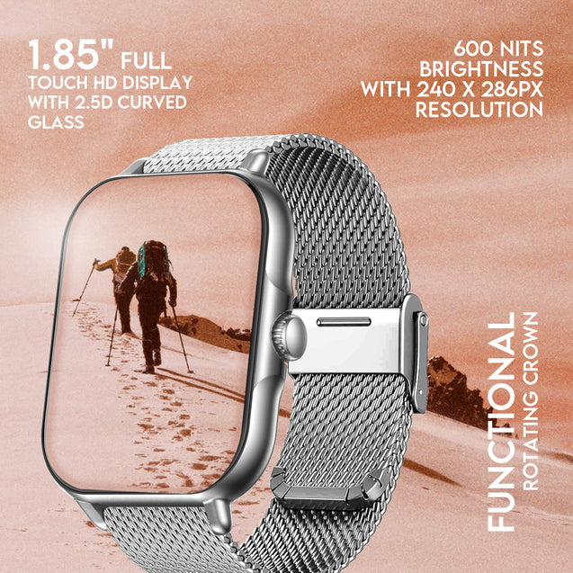 pTron Reflect Callz Smartwatch, Bluetooth Calling, 1.85" Full Touch Display, 600 NITS, Digital Crown, Metal Mesh Strap, 100+ Watch Faces, HR, Sports Mode, 5 Days Battery Life (Silver)