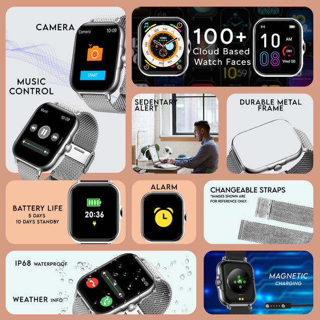 pTron Reflect Callz Smartwatch, Bluetooth Calling, 1.85" Full Touch Display, 600 NITS, Digital Crown, Metal Mesh Strap, 100+ Watch Faces, HR, Sports Mode, 5 Days Battery Life (Silver)