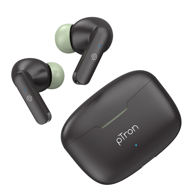 pTron Bassbuds Joy in-Ear Wireless Earbuds, Immersive Sound, 32Hrs Playtime, Clear Calls TWS Earbuds, Bluetooth V5.1 Headphone, Type-C Fast Charging, Voice Assist & IPX4 Water Resistant (Black & Green)