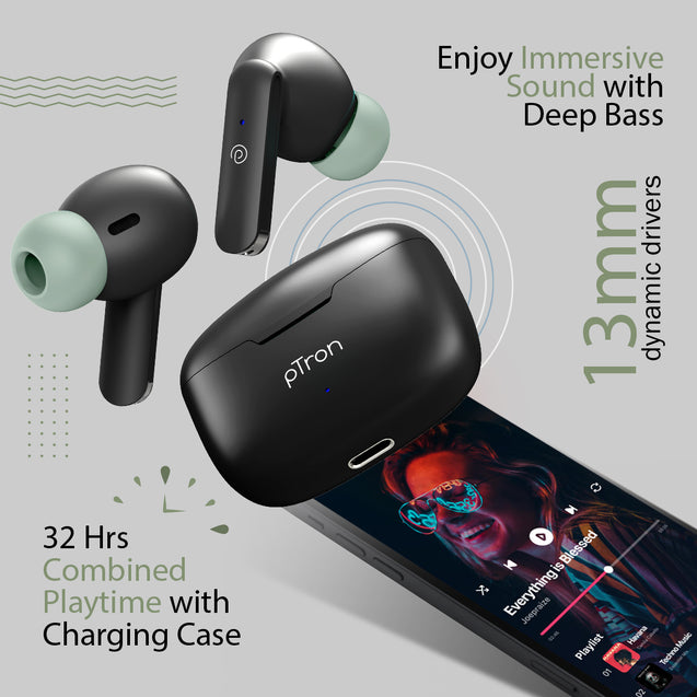 pTron Bassbuds Joy in-Ear Wireless Earbuds, Immersive Sound, 32Hrs Playtime, Clear Calls TWS Earbuds, Bluetooth V5.1 Headphone, Type-C Fast Charging, Voice Assist & IPX4 Water Resistant (Black & Green)