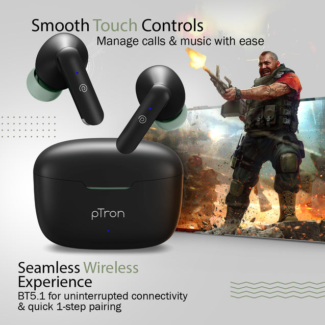 pTron Bassbuds Joy in-Ear Wireless Earbuds, Immersive Sound, 32Hrs Playtime, Clear Calls TWS Earbuds, Bluetooth V5.1 Headphone, Type-C Fast Charging, Voice Assist & IPX4 Water Resistant (Black & Green)