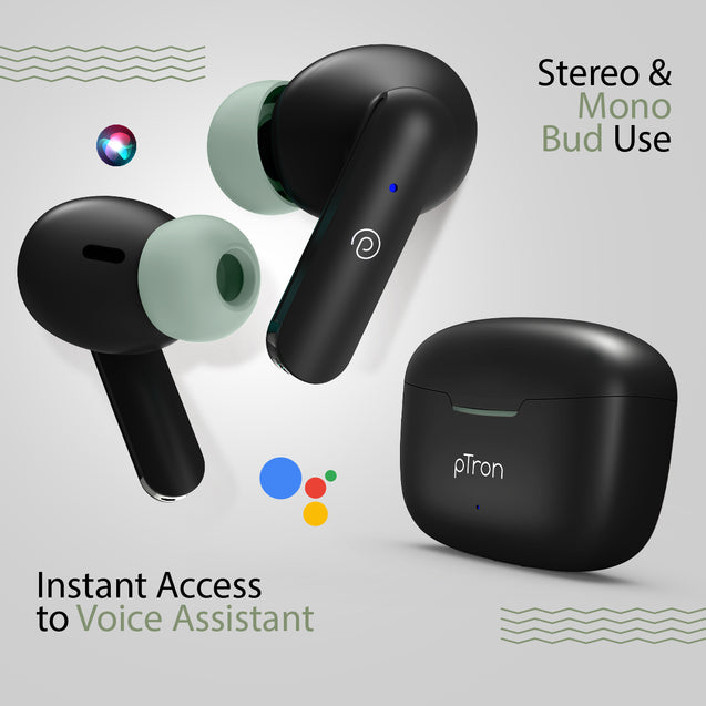 pTron Bassbuds Joy in-Ear Wireless Earbuds, Immersive Sound, 32Hrs Playtime, Clear Calls TWS Earbuds, Bluetooth V5.1 Headphone, Type-C Fast Charging, Voice Assist & IPX4 Water Resistant (Black & Green)