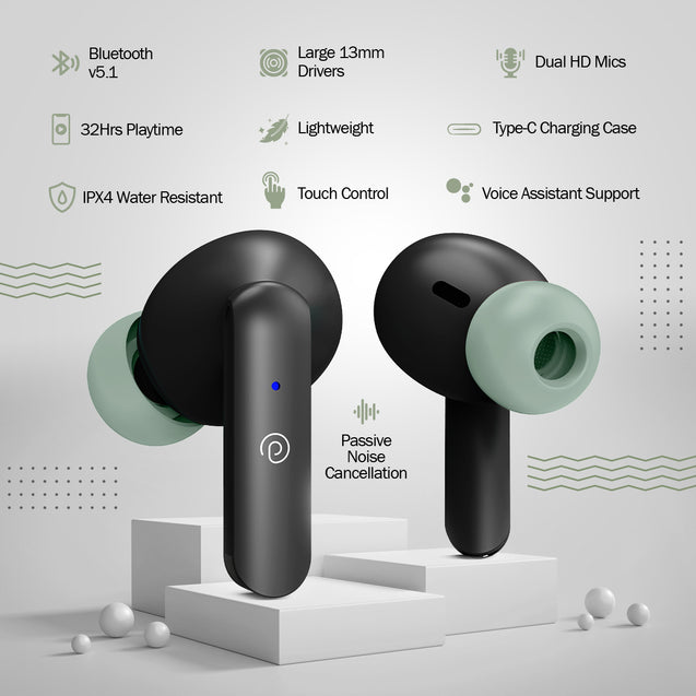 pTron Bassbuds Joy in-Ear Wireless Earbuds, Immersive Sound, 32Hrs Playtime, Clear Calls TWS Earbuds, Bluetooth V5.1 Headphone, Type-C Fast Charging, Voice Assist & IPX4 Water Resistant (Black & Green)