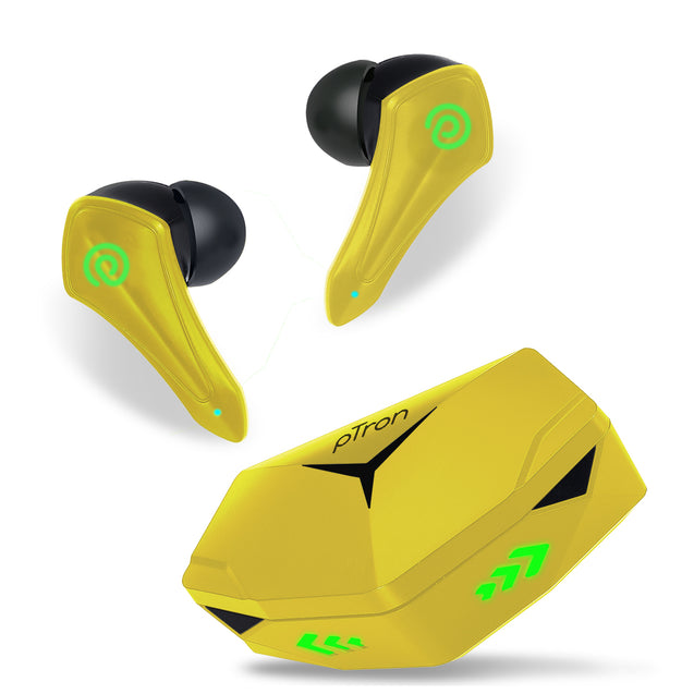 pTron Bassbuds B91 Plus TWS Earbuds with 38ms Gaming Low Latency, AI-ENC Stereo Calls, 45Hrs Playtime, Dual HD Mic, In-Ear Bluetooth 5.3 Headphones, Fast Type-C Charging & IPX5 (Yellow)