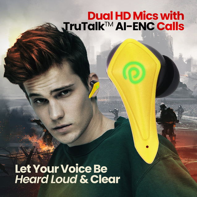 pTron Bassbuds B91 Plus TWS Earbuds with 38ms Gaming Low Latency, AI-ENC Stereo Calls, 45Hrs Playtime, Dual HD Mic, In-Ear Bluetooth 5.3 Headphones, Fast Type-C Charging & IPX5 (Yellow)
