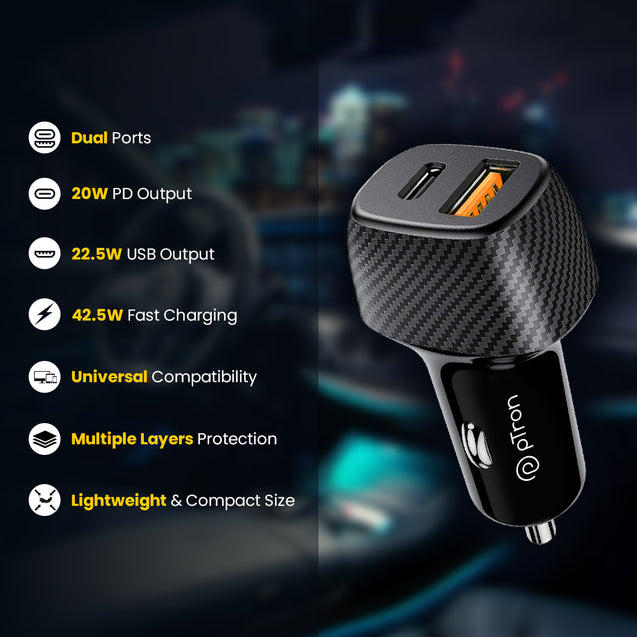 pTron Bullet Zip Mini 42.5W Car Charger with Dual Output, Super VOOC/VOOC Compatible, Fast Charging 20W Type-C/PD & 22.5W USB QC 3.0A & Multiple Protection Layers (Black)