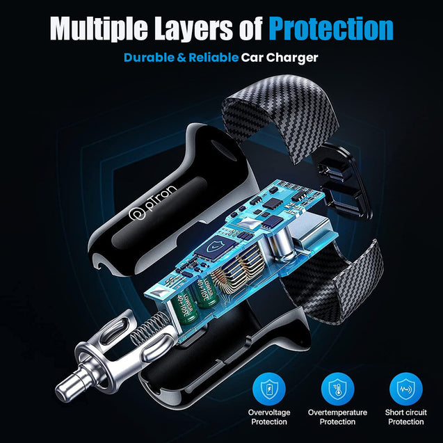 pTron Bullet Zip Mini 42.5W Car Charger with Dual Output, Super VOOC/VOOC Compatible, Fast Charging 20W Type-C/PD & 22.5W USB QC 3.0A & Multiple Protection Layers (Black)