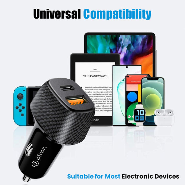 pTron Bullet Zip Mini 42.5W Car Charger with Dual Output, Super VOOC/VOOC Compatible, Fast Charging 20W Type-C/PD & 22.5W USB QC 3.0A & Multiple Protection Layers (Black)