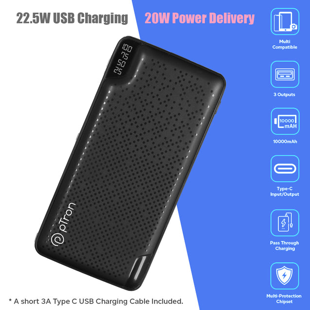 pTron Dynamo Elite 10000mAh 22.5W Power Bank Supports VOOC/Wrap/Dash USB Charging, 20W PD Fast Charging, 3 Output Ports, 2 Input Ports & Multiple Layers of Protection (Black)