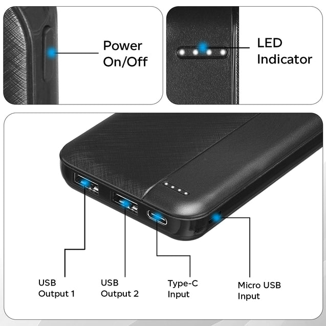 pTron Dynamo Lite 10000mAh 12W Power Bank, Made in India, Dual USB Charging Ports, 2 Input Ports Type-C & Micro USB, Slim Design & Multiple Layers of Protection (Black)