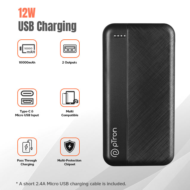 pTron Dynamo Lite 10000mAh 12W Power Bank, Made in India, Dual USB Charging Ports, 2 Input Ports Type-C & Micro USB, Slim Design & Multiple Layers of Protection (Black)