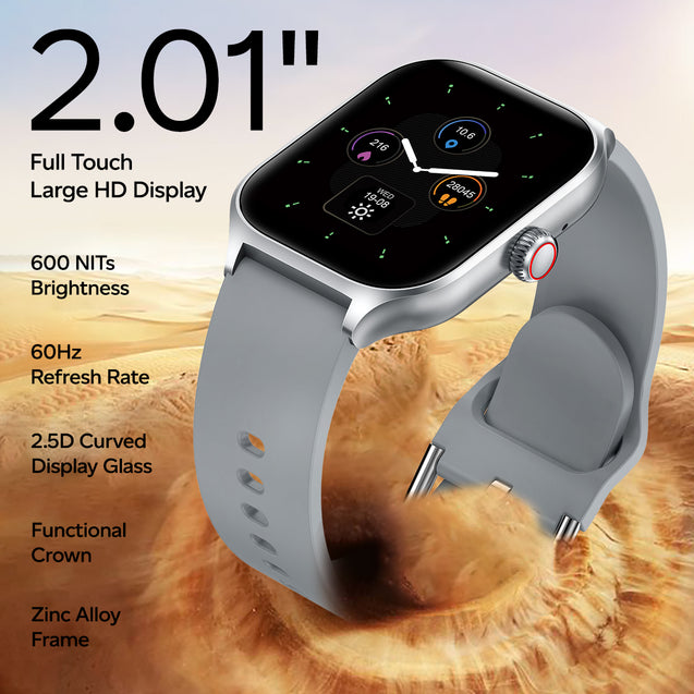 pTron Reflect MaxPro 2.01 inch Square Dial Smartwatch, Full Touch Display, Bluetooth Calling, Functional Crown, 600 NITS, 100+ Watch Faces, HR, SpO2, 5 Days Battery Life & IP68 (Silver)