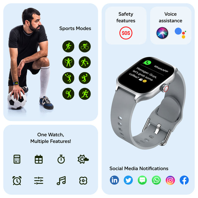 pTron Reflect MaxPro 2.01 inch Square Dial Smartwatch, Full Touch Display, Bluetooth Calling, Functional Crown, 600 NITS, 100+ Watch Faces, HR, SpO2, 5 Days Battery Life & IP68 (Silver)