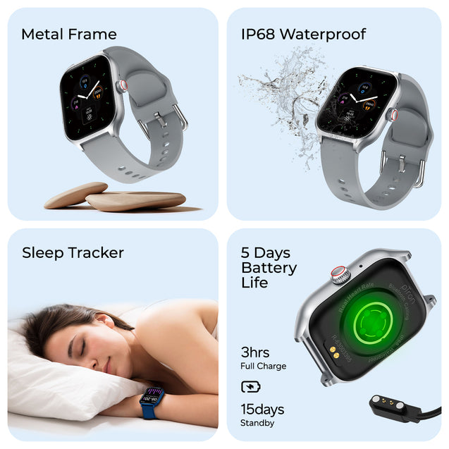 pTron Reflect MaxPro 2.01 inch Square Dial Smartwatch, Full Touch Display, Bluetooth Calling, Functional Crown, 600 NITS, 100+ Watch Faces, HR, SpO2, 5 Days Battery Life & IP68 (Silver)