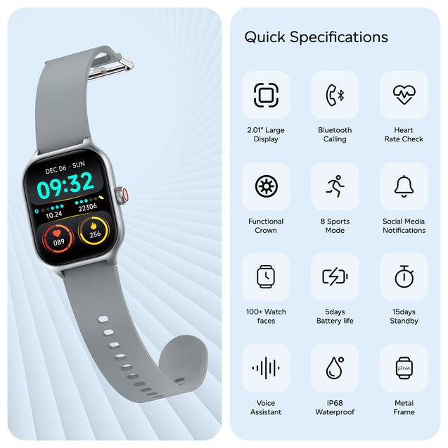 pTron Reflect MaxPro 2.01 inch Square Dial Smartwatch, Full Touch Display, Bluetooth Calling, Functional Crown, 600 NITS, 100+ Watch Faces, HR, SpO2, 5 Days Battery Life & IP68 (Silver)