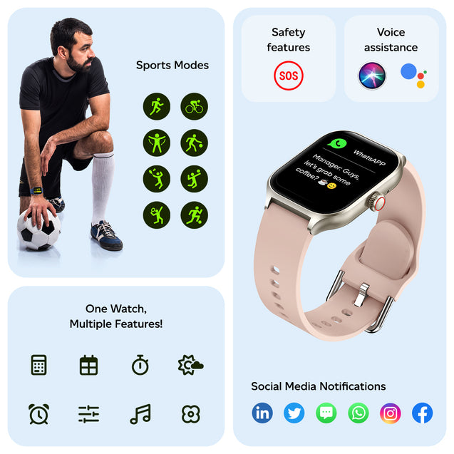 pTron Reflect MaxPro 2.01 inch Square Dial Smartwatch, Full Touch Display, Bluetooth Calling, Functional Crown, 600 NITS, 100+ Watch Faces, HR, SpO2, 5 Days Battery Life & IP68 (Pink)