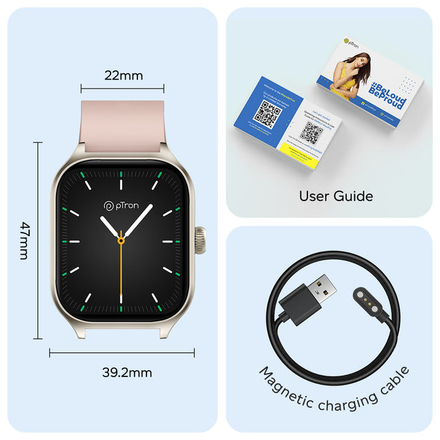 pTron Reflect MaxPro 2.01 inch Square Dial Smartwatch, Full Touch Display, Bluetooth Calling, Functional Crown, 600 NITS, 100+ Watch Faces, HR, SpO2, 5 Days Battery Life & IP68 (Pink)