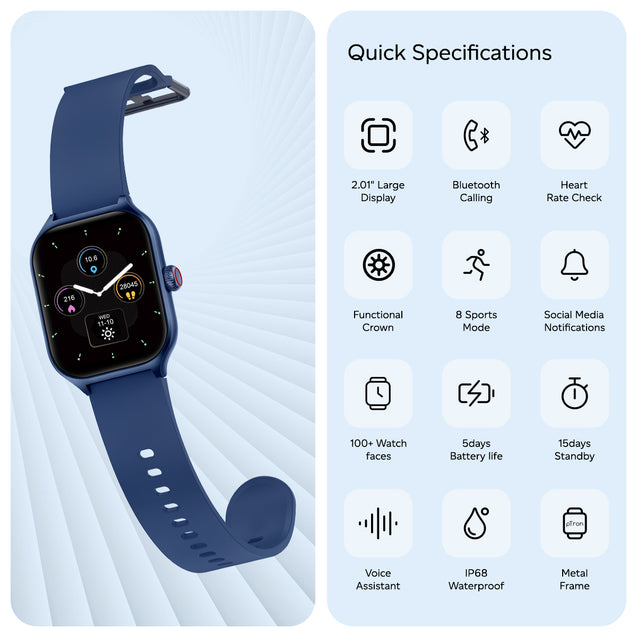 pTron Reflect MaxPro 2.01 inch Square Dial Smartwatch, Full Touch Display, Bluetooth Calling, Functional Crown, 600 NITS, 100+ Watch Faces, HR, SpO2, 5 Days Battery Life & IP68 (Blue)