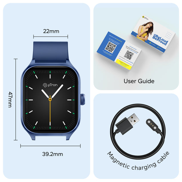 pTron Reflect MaxPro 2.01 inch Square Dial Smartwatch, Full Touch Display, Bluetooth Calling, Functional Crown, 600 NITS, 100+ Watch Faces, HR, SpO2, 5 Days Battery Life & IP68 (Blue)
