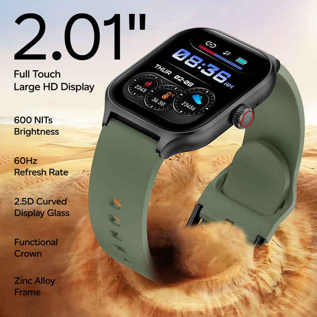 pTron Reflect MaxPro 2.01 inch Square Dial Smartwatch, Full Touch Display, Bluetooth Calling, Functional Crown, 600 NITS, 100+ Watch Faces, HR, SpO2, 5 Days Battery Life & IP68 (Green)