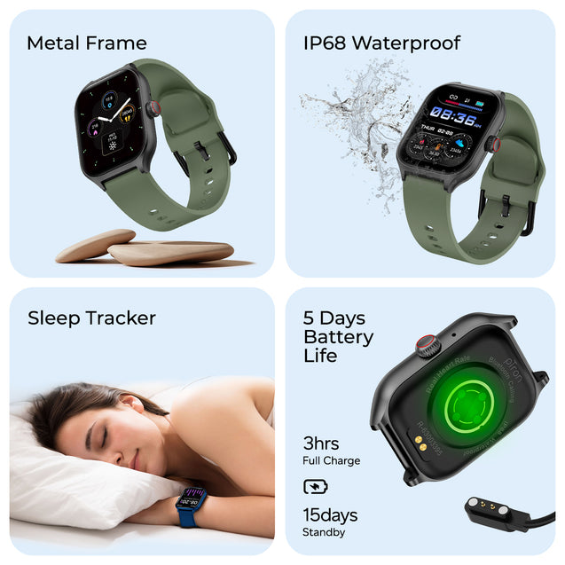 pTron Reflect MaxPro 2.01 inch Square Dial Smartwatch, Full Touch Display, Bluetooth Calling, Functional Crown, 600 NITS, 100+ Watch Faces, HR, SpO2, 5 Days Battery Life & IP68 (Green)