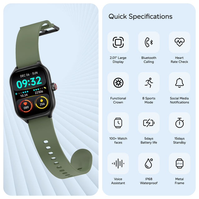pTron Reflect MaxPro 2.01 inch Square Dial Smartwatch, Full Touch Display, Bluetooth Calling, Functional Crown, 600 NITS, 100+ Watch Faces, HR, SpO2, 5 Days Battery Life & IP68 (Green)