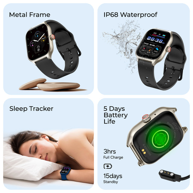pTron Reflect MaxPro 2.01 inch Square Dial Smartwatch, Full Touch Display, Bluetooth Calling, Functional Crown, 600 NITS, 100+ Watch Faces, HR, SpO2, 5 Days Battery Life & IP68 (Gold)